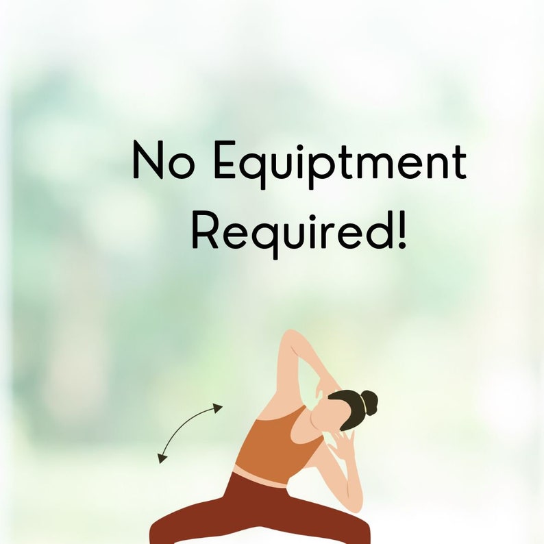 Image of women doing a side bend standing up. Title reads "No equipment needed".