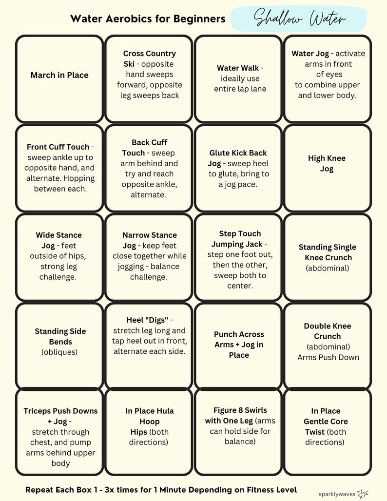 Water Aerobics, Exercise for Beginners, Pool Workout Printable, Digital
