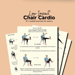 Könnte beinhalten: Ein mehrseitiger Übungsleitfaden mit dem Titel Low Impact Chair Cardio 10 + seated exercises for seniors. Die Seiten enthalten Illustrationen einer Person, die sitzende Bewegungen wie Toy Soldier und Knee Tucks ausführt, begleitet von beschreibendem Text.