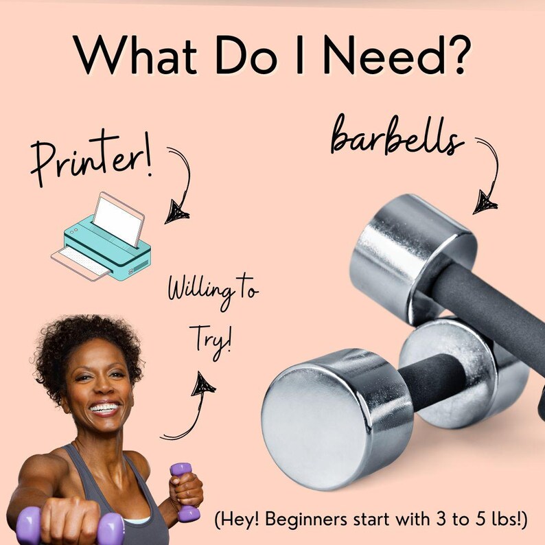 This is a collage has a title that says,"what do I need". Under is a colorful illustration of a printer, a pretty black lady lifting small purple weights, and a close up of silver hand weights. This is to show what you need to follow this guide.