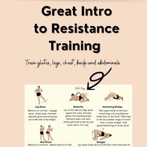 May include: A graphic illustration of six different exercises to train glutes, legs, chest, back, and abdominals. The exercises are: Leg Raise, Butterfly, Hamstring Bridge, Mini Pistol, Bridges, and Glute Bridge. The illustration is titled "Glute Day".