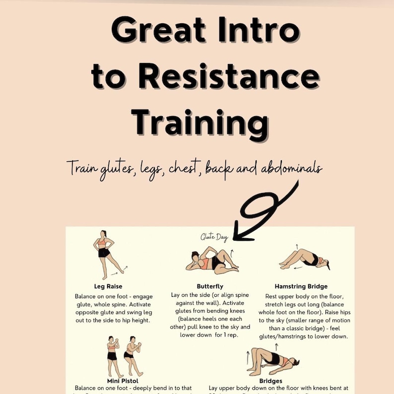 May include: A graphic illustration of six different exercises to train glutes, legs, chest, back, and abdominals. The exercises are: Leg Raise, Butterfly, Hamstring Bridge, Mini Pistol, Bridges, and Glute Bridge. The illustration is titled "Glute Day".