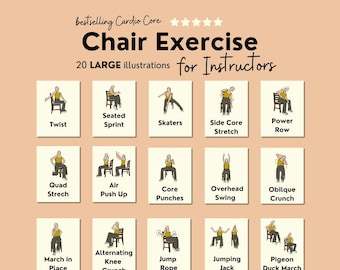 Può includere: Un set di 20 illustrazioni che rappresentano esercizi da sedia per istruttori. Ogni illustrazione mostra una persona che esegue un esercizio diverso, come sprint seduto, pattinatori, stretching laterale del core, remata di potenza, stretching dei quadricipiti, push-up aereo, pugni al core, swing sopra la testa, crunch obliquo, marcia sul posto, crunch alternato del ginocchio, salto della corda, jumping jack e marcia del piccione.