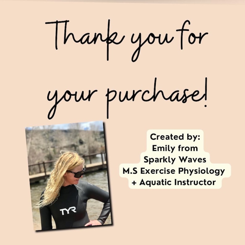 May include: Thank you for your purchase! Created by: Emily from Sparkly Waves M.S Exercise Physiology + Aquatic Instructor. A woman wearing a black wetsuit with the TYR logo is standing in front of a body of water.