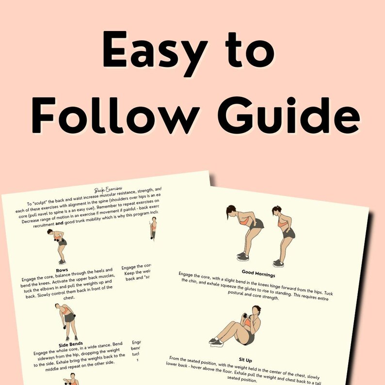 This slide has a title, "easy to follow guide" with two pieces of paper under the title.The papers have illustrated ladies lifting weights, with a written description under.