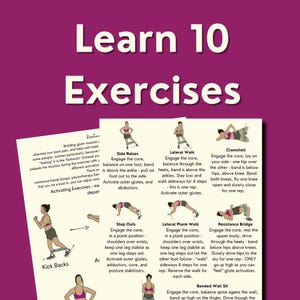 Close up look at the exercise printables included in this bundle (illustrations and text).A title reads, "learn 10 exercises".