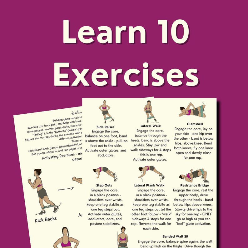 Close up look at the exercise printables included in this bundle (illustrations and text).A title reads, "learn 10 exercises".