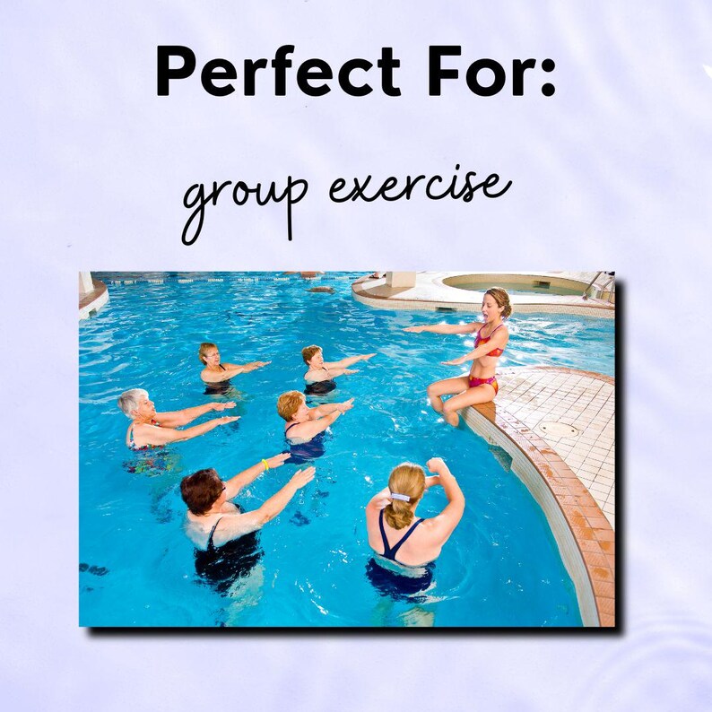 Light purple color with ripples that represent water or the texture of a pool. In the center of the slide is a simple banner with text that reads perfect for group exercise. Under the text is a lifestyle image of a water fitness instructor working on a pool deck.