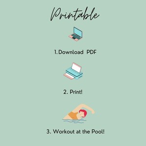 Pu&ograve; includere: Routine di allenamento stampabile per la piscina. I passaggi sono: 1. Scarica il PDF, 2. Stampa, 3. Allenamento in piscina! L'immagine mostra un laptop, una stampante e una persona che nuota.