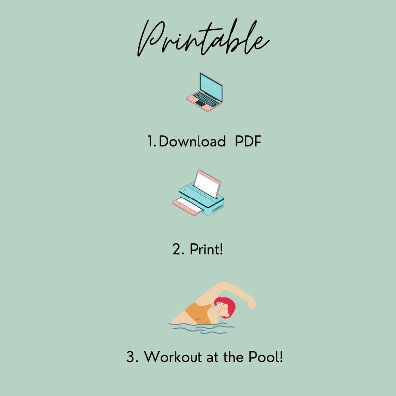 Pu&ograve; includere: Routine di allenamento stampabile per la piscina. I passaggi sono: 1. Scarica il PDF, 2. Stampa, 3. Allenamento in piscina! L'immagine mostra un laptop, una stampante e una persona che nuota.