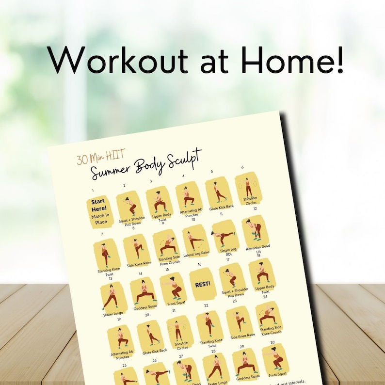 A close up image of the one page HIIT workout. Title reads "Workout at Home".