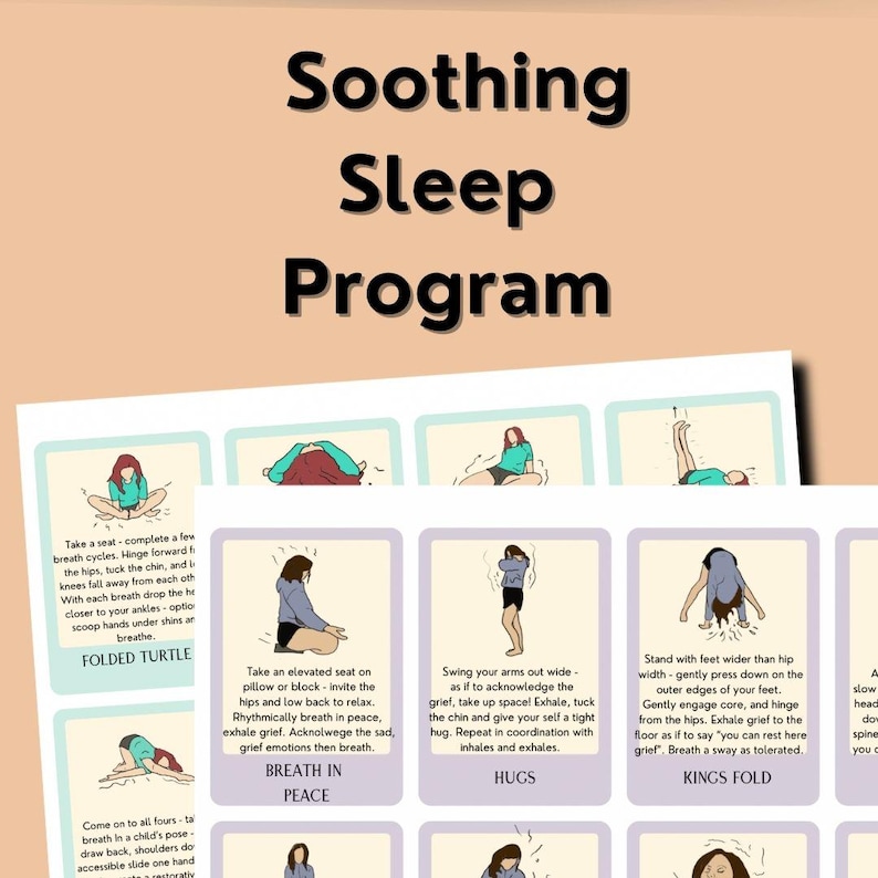 This informational slide is zoomed out: shows flat PDFs of small flashcards. On the flash cards are women doing more yoga exercises. Under each image is a description. Title reads, "soothing sleep program".
