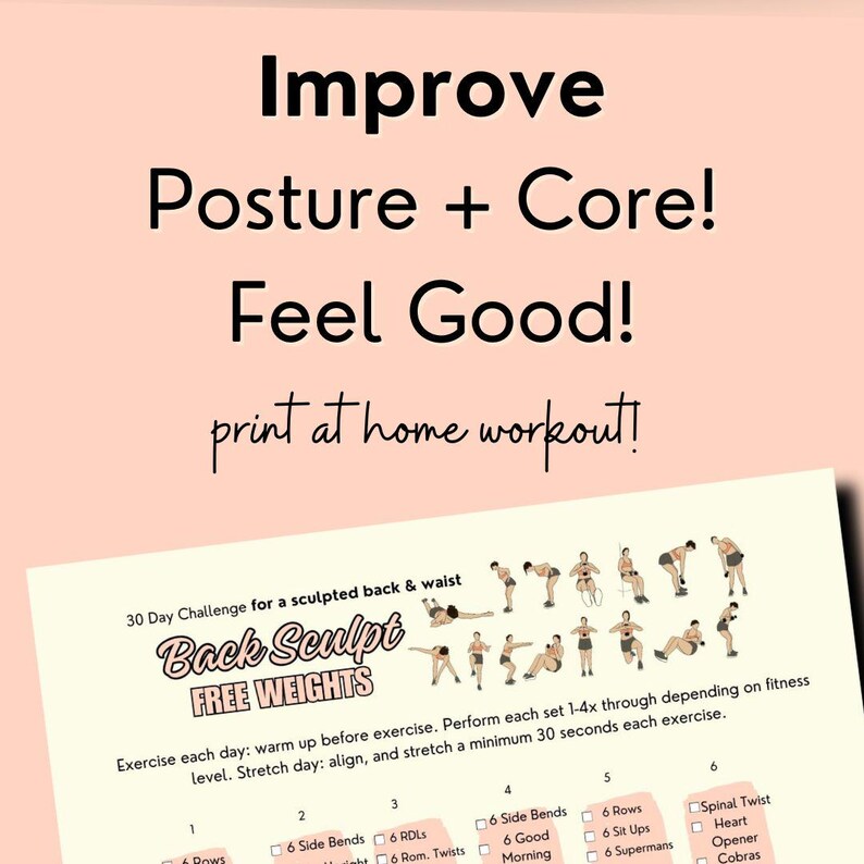 Title reads, "improve posture & core - print at home workout" with a flat piece of paper under the title. The paper has a colorful workout calendar.