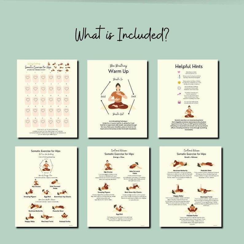 Wide angle look at 6 PDFs that are included in the Somatic Exercise PDF bundle.