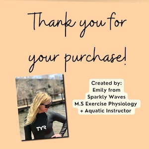 This is a thank you message from the owner of the Sparkly Waves Etsy store: Emily - wearing a TYR wetsuit, blonde hair, sunglasses.