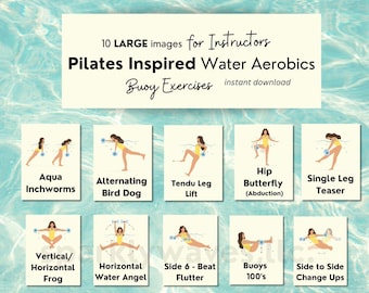Water Aerobics Pool Pilates Exercises for Instructor, Visual Cue Cards for Group Fitness instructors, Group exercise illustration PDFs