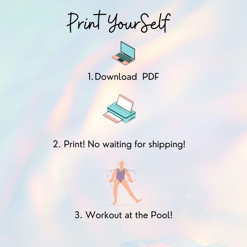 Pretty opalescence background with script at the top that reads, print your self. Under the script is a simple flow chart for customers to visually understand how to purchase a print at home guide off of Etsy. Here are the instructions, download PDF, print so no waiting for shipping, and workout at the pool.