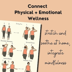 Half of this slide is of the yoga PDF the other is writing. The half with the PDF is a women doing neck stretches - she has dark hair, pink shirt, and leggings. The script to the side says, "stretch and soothe at home, integrate mindfulness".