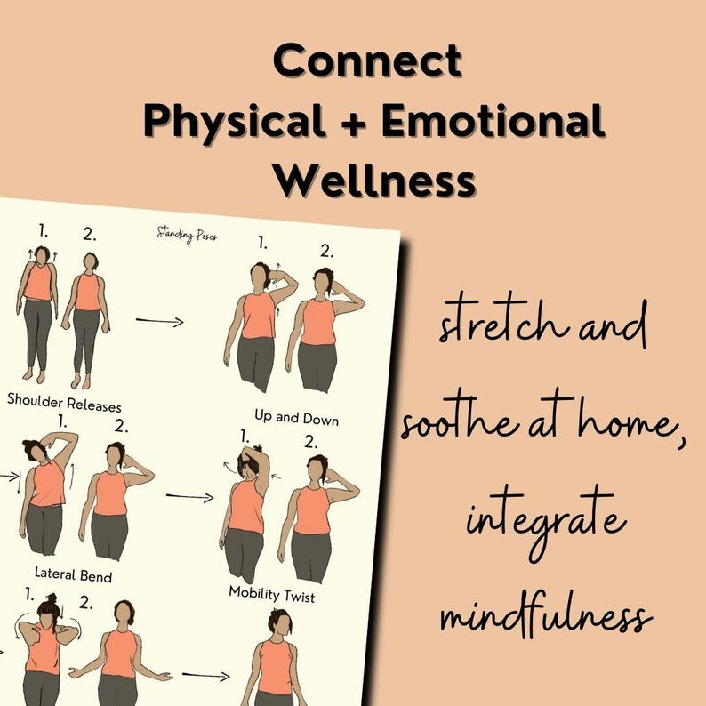 Half of this slide is of the yoga PDF the other is writing. The half with the PDF is a women doing neck stretches - she has dark hair, pink shirt, and leggings. The script to the side says, "stretch and soothe at home, integrate mindfulness".