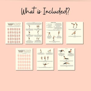 This zoomed out slide shows 7 pieces of paper - gives a glimpse at the workout calendars, fitness guides, and workout illustrations.