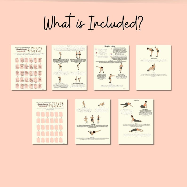 This zoomed out slide shows 7 pieces of paper - gives a glimpse at the workout calendars, fitness guides, and workout illustrations.