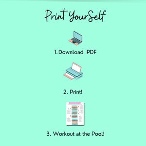 Puede incluir: Una ilustraci&oacute;n turquesa y blanca de una computadora port&aacute;til, una impresora y una rutina de entrenamiento imprimible. El texto "Print Your Self" est&aacute; en la parte superior de la imagen. El texto "1. Download PDF", "2. Print!" y "3. Workout at the Pool!" est&aacute; debajo de las ilustraciones.