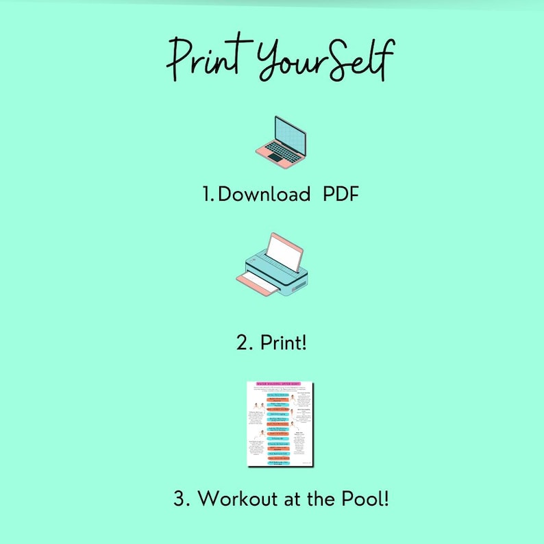 Puede incluir: Una ilustraci&oacute;n turquesa y blanca de una computadora port&aacute;til, una impresora y una rutina de entrenamiento imprimible. El texto "Print Your Self" est&aacute; en la parte superior de la imagen. El texto "1. Download PDF", "2. Print!" y "3. Workout at the Pool!" est&aacute; debajo de las ilustraciones.