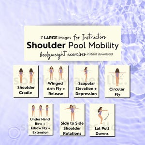 May include: An image with the text "7 LARGE images for Instructors Shoulder Pool Mobility bodyweight exercises instant download." The image shows seven illustrations of exercises, including Shoulder Cradle, Winged Arm Fly + Release, and Lat Pull Downs.