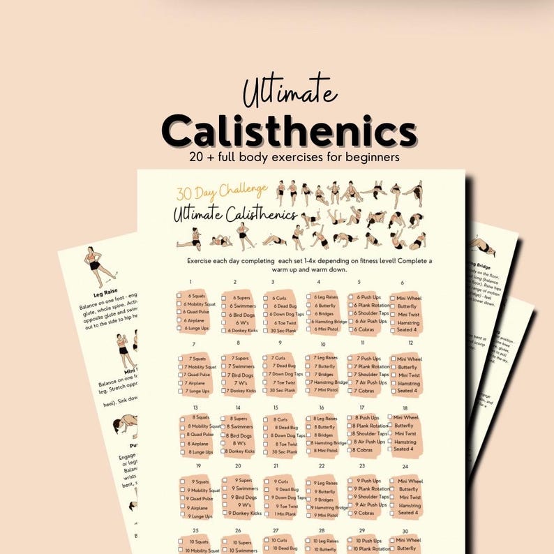 May include: A printable 30-day calisthenics challenge chart with illustrations of 20+ full body exercises for beginners. The chart includes a list of exercises with numbers 1-30, and each exercise is illustrated with a stick figure.