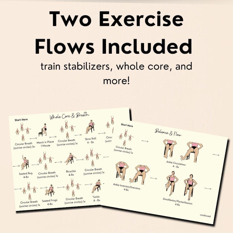 May include: Two exercise flow charts with illustrations of yoga poses. The charts include instructions for whole core and breath exercises, and balance and flow exercises. The text reads "Two Exercise Flows Included".