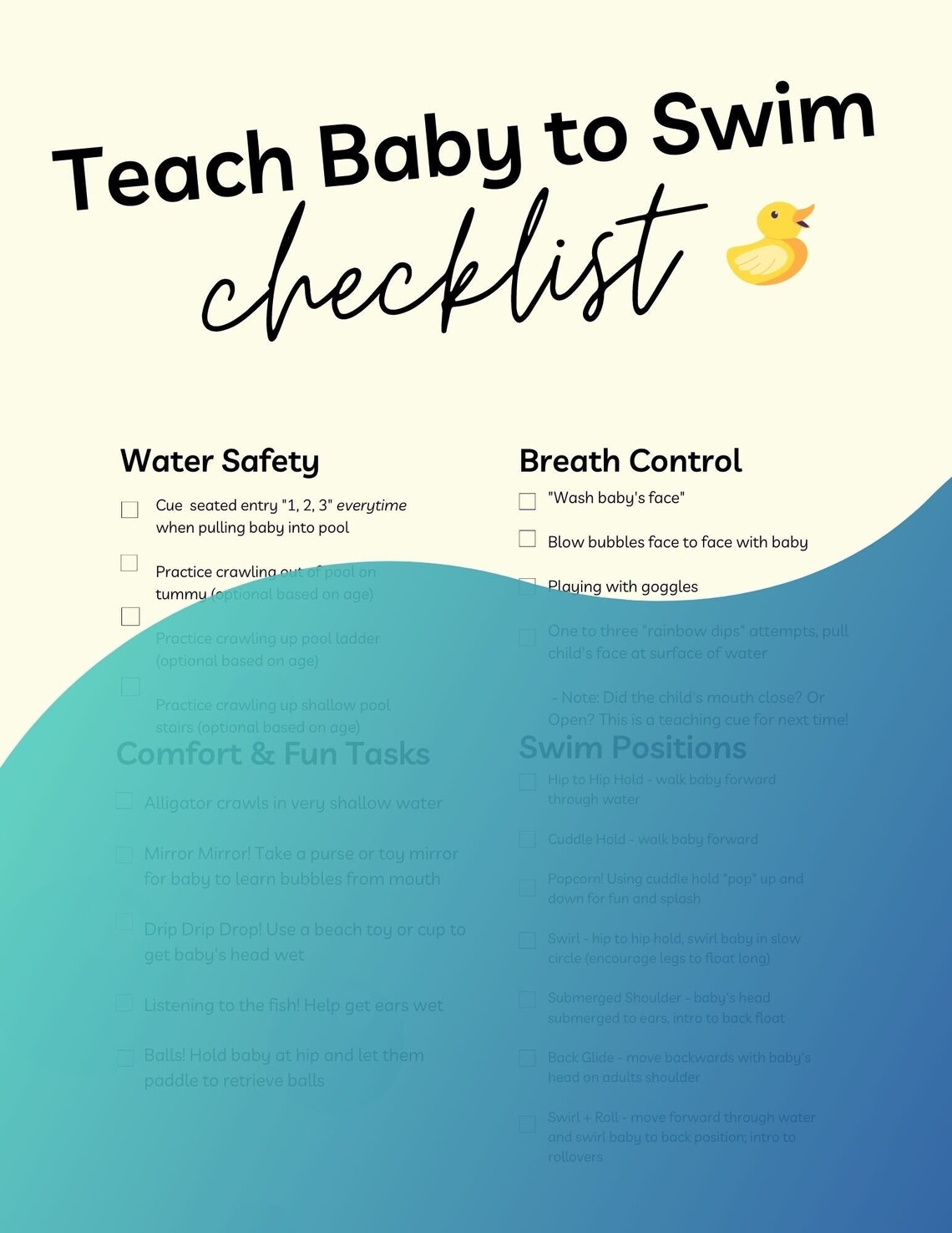 Printable Baby Swimming Lesson, Swim Lesson Plan, Swim Checklist for
