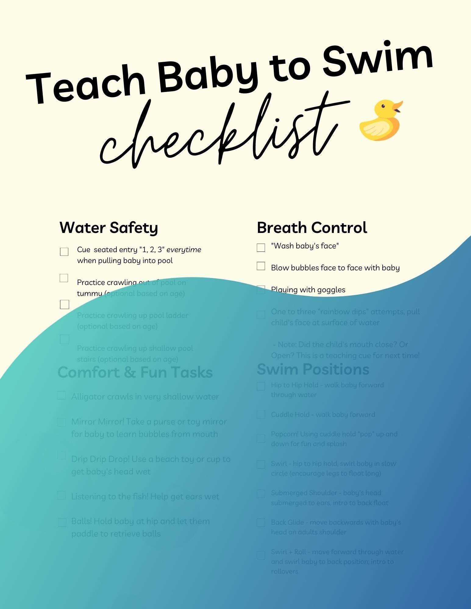 Printable Baby Swimming Lesson, Swim Lesson Plan, Swim Checklist for