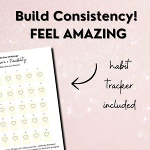 A large title reads, "build consistency - feel amazing" in the corner is a flat overview of a printable habit tracker that someone could print at home - it has 30 small hearts for the user to color in at home.