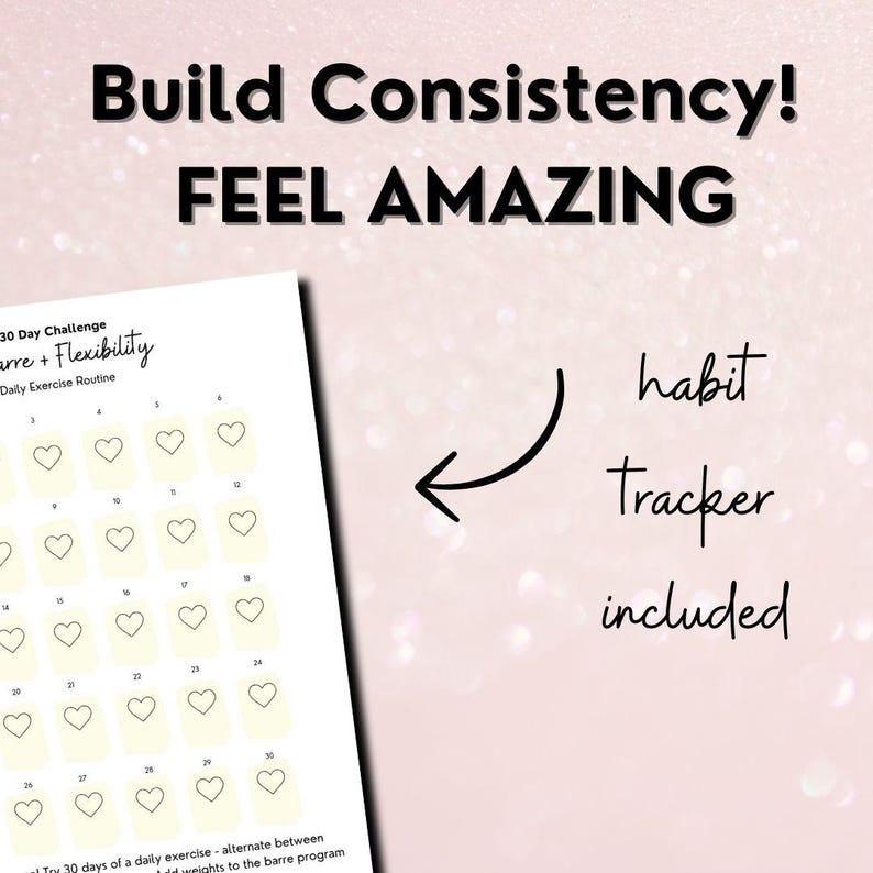 A large title reads, "build consistency - feel amazing" in the corner is a flat overview of a printable habit tracker that someone could print at home - it has 30 small hearts for the user to color in at home.