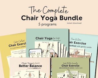 Könnte beinhalten: Das komplette Chair Yoga Bundle, eine Sammlung von 5 Programmen. Das Bundle enthält Anleitungen für Stuhlübungen, darunter Calm Cortisol, Chair Yoga for Hips, Flow & Glow Air Exercise, Chair Yoga for Seniors und Side Stretch Serenity Chair Exercise.