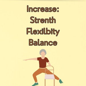 Info-grahpic shows senior women doing warrior II yoga pose, with title reading "Increase strength, flexility and balance".