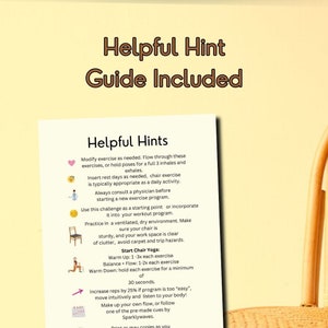 Helpful hint guide included is at the top of the image with a picture of the guide for the Chair Yoga for Seniors program.
