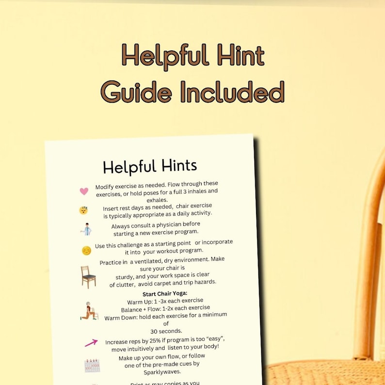 Helpful hint guide included is at the top of the image with a picture of the guide for the Chair Yoga for Seniors program.