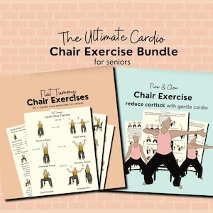 May include: Two printable workout guides for seniors. The first guide is titled "Flat Tummy Chair Exercises" and features illustrations of chair exercises. The second guide is titled "Flow & Glow Chair Exercise" and features a woman demonstrating a chair exercise.