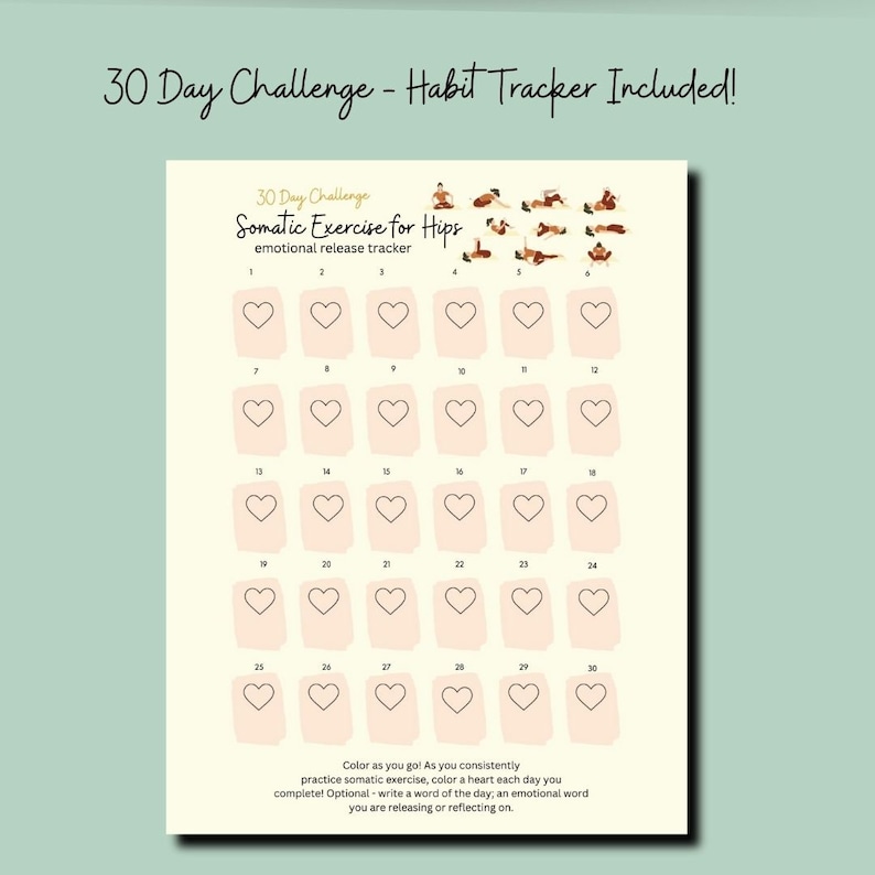 Image of a 30 Day Challenge tracker - this printable is intended to be used for keeping track of how many days one does somatic yoga.