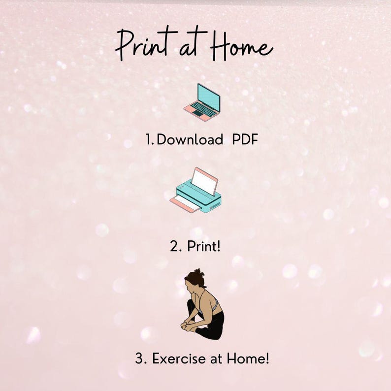 This is an informational slide to show how to purchase a digital download from Etsy, it shows the process in a flow chart style: download PDF, print, and exercise at home. Simple illustrations show the process.