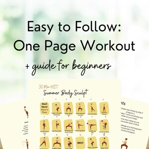 Close up of three pages of the workout. Title reads " easy to follow: one page workout, and guide for beginners".