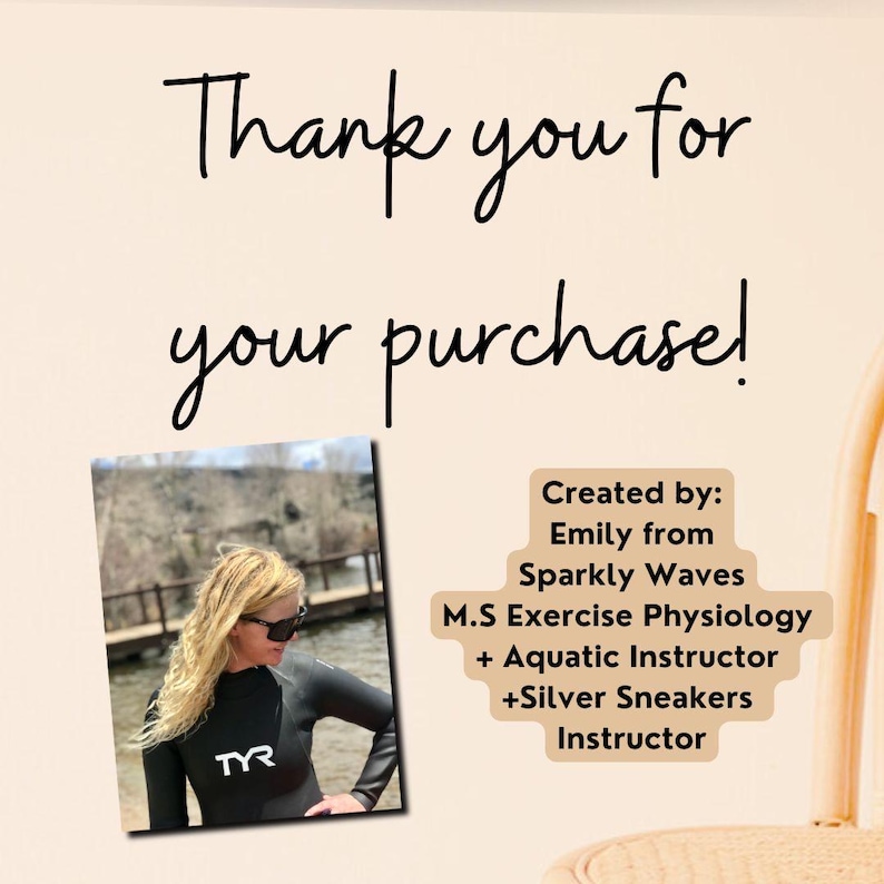 This is a thank you message from the owner of the Sparkly Waves Etsy shop. Image of blond women in a TYR open water swim suit.