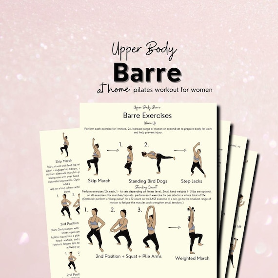 barre workout for beginners, pilates workout for weight loss, upper body, at home exercise no equipment, full body pilates printable, pdfs