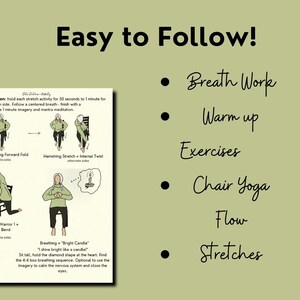 Plain green slide with a title that reads: easy to follow, breath work, warm up exercises, chair yoga flow, stretches. Under the title is a flat image of a page of the printable fitness guide for seniors.
