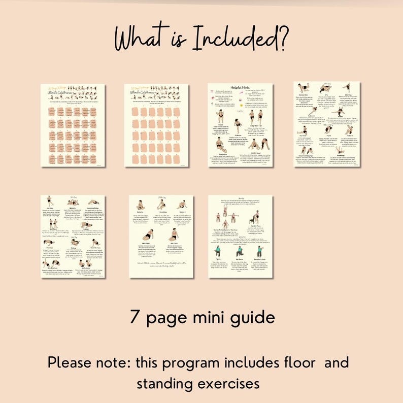 May include: A seven-page mini guide with illustrations of exercises. The guide includes floor and standing exercises. The text on the guide says "What is Included?" and "7 page mini guide". The text also says "Please note: this program includes floor and standing exercises".