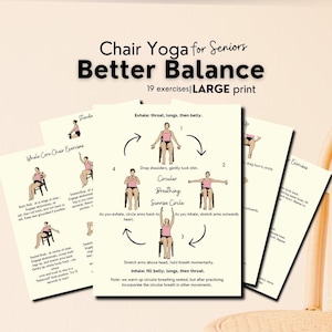 May include: A collection of printed guides for chair yoga for seniors. The guides show exercise illustrations, with text that reads "Chair Yoga for Seniors, Better Balance, 19 exercises, LARGE print."