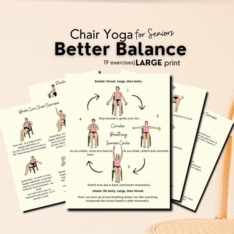 May include: A collection of printed guides for chair yoga for seniors. The guides show exercise illustrations, with text that reads "Chair Yoga for Seniors, Better Balance, 19 exercises, LARGE print."