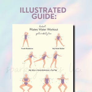Pretty opalescence background with large banner in center of the slide that reads, illustrated guide in bold large letters. Under the text is one close up view of one of the pages included in the guide - this one show 8 images of the fit, water aerobics character doing exercises. Simple design, minimal text.