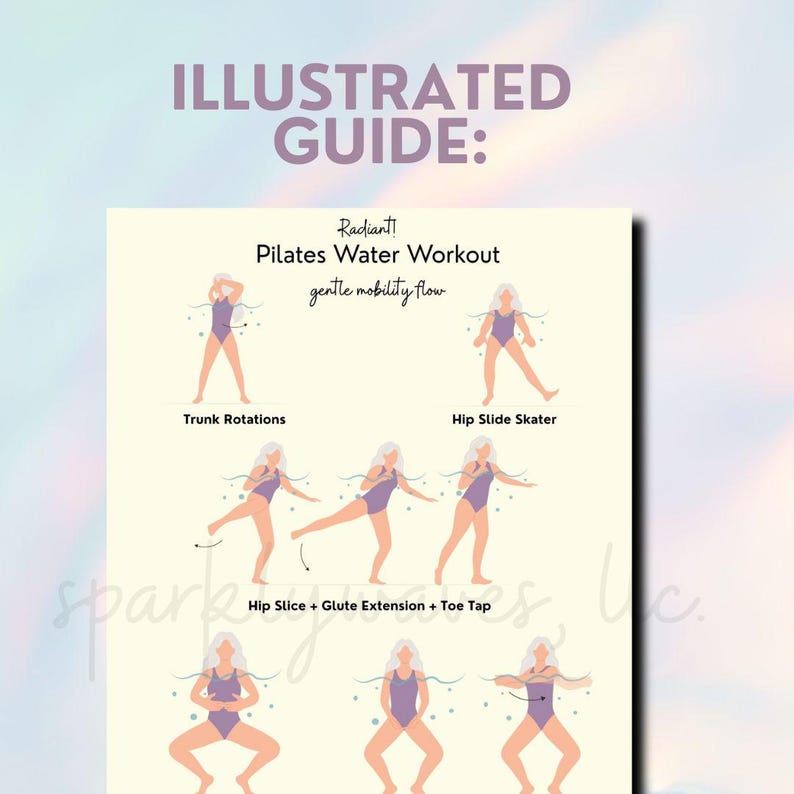Pretty opalescence background with large banner in center of the slide that reads, illustrated guide in bold large letters. Under the text is one close up view of one of the pages included in the guide - this one show 8 images of the fit, water aerobics character doing exercises. Simple design, minimal text.